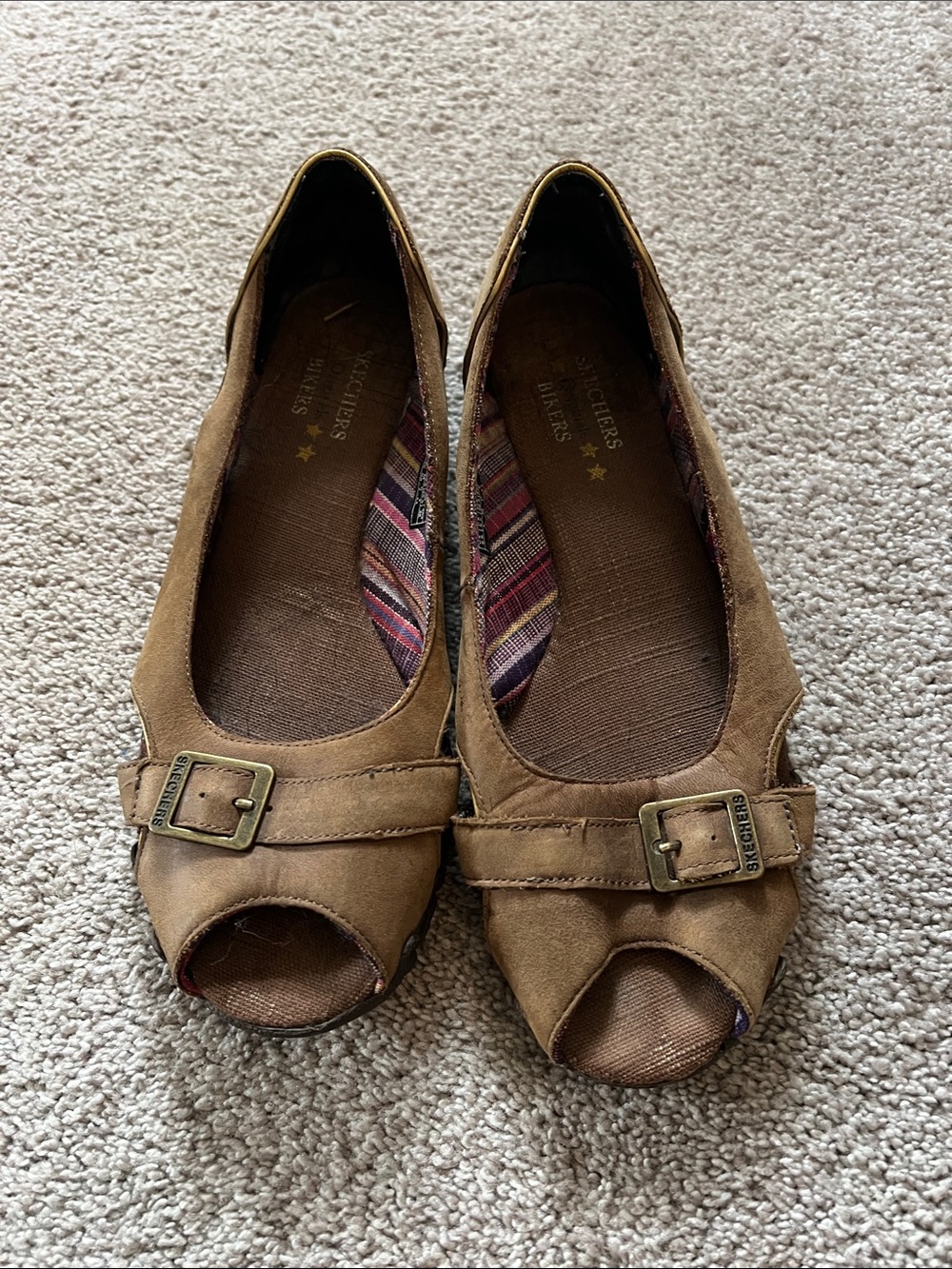 Skechers Tan Suede Peep-Toe Flats with Buckle Accent